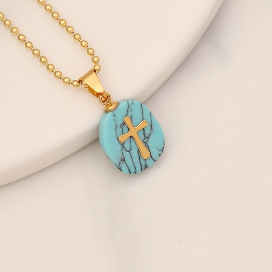 Picture of Eco-friendly Turquoise Religious Ball Chain Necklace 18K Gold Color Green Blue Oval Cross 40cm(15 6/8") long, 1 Piece