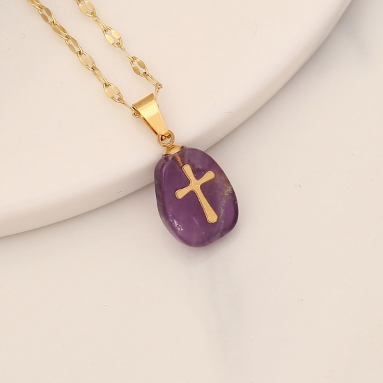 Picture of Eco-friendly Amethyst Religious Link Chain Necklace 18K Gold Color Purple Oval Cross 40cm(15 6/8") long, 1 Piece