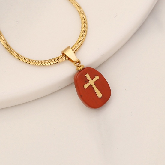 Picture of Eco-friendly Stone Religious Omega Chain Necklace 18K Gold Color Red Oval Cross 40cm(15 6/8") long, 1 Piece