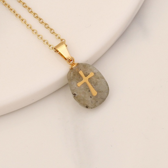 Picture of Eco-friendly Spectrolite Religious Link Cable Chain Necklace 18K Gold Color Gray Oval Cross 40cm(15 6/8") long, 1 Piece