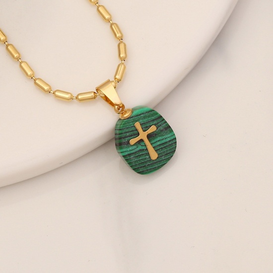 Picture of Eco-friendly Malachite Religious Link Chain Necklace 18K Gold Color Green Oval Cross 40cm(15 6/8") long, 1 Piece