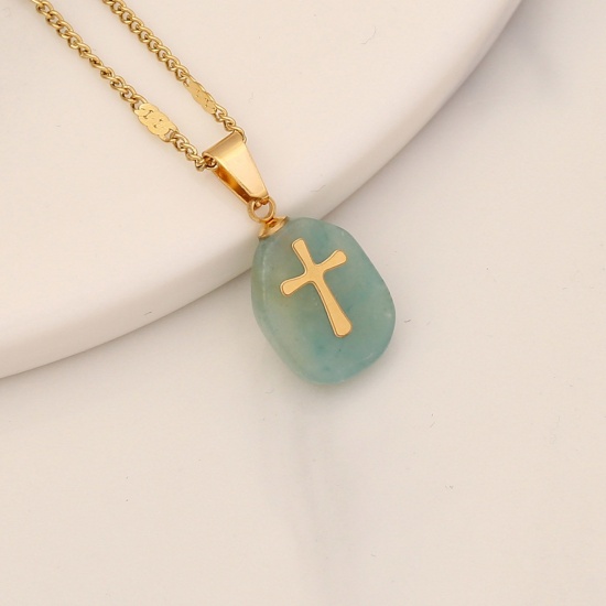 Picture of Eco-friendly Aventurine Religious Link Chain Necklace 18K Gold Color Green Oval Cross 40cm(15 6/8") long, 1 Piece