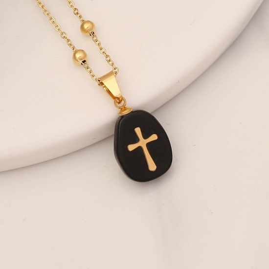 Picture of Eco-friendly Agate Religious Link Chain Necklace 18K Gold Color Black Oval Cross 40cm(15 6/8") long, 1 Piece