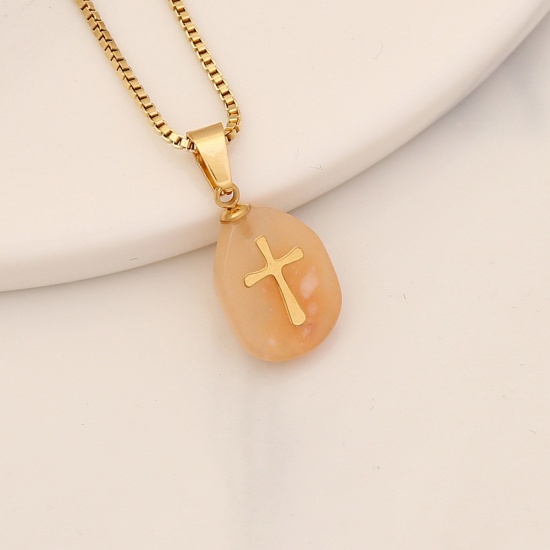 Picture of Eco-friendly Aventurine Religious Link Chain Necklace 18K Gold Color Orange Pink Oval Cross 40cm(15 6/8") long, 1 Piece
