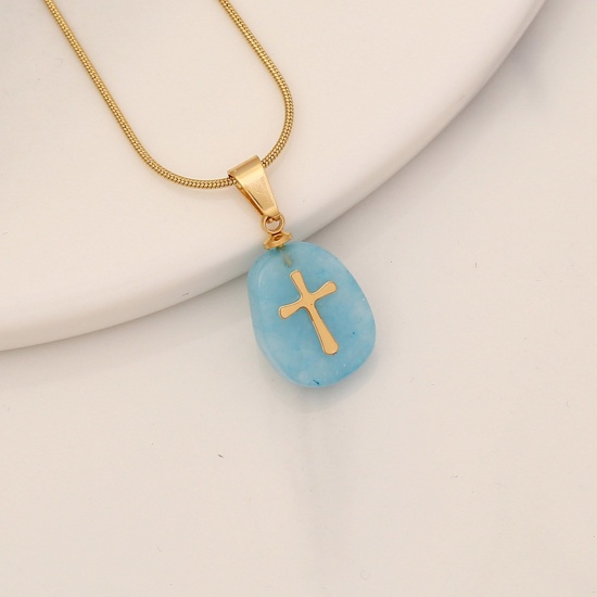 Picture of Eco-friendly Aventurine Religious Link Chain Necklace 18K Gold Color Blue Oval Cross 40cm(15 6/8") long, 1 Piece