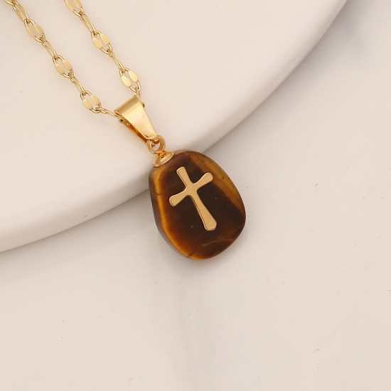 Picture of Eco-friendly Tiger's Eyes Religious Link Chain Necklace 18K Gold Color Brown Oval Cross 40cm(15 6/8") long, 1 Piece
