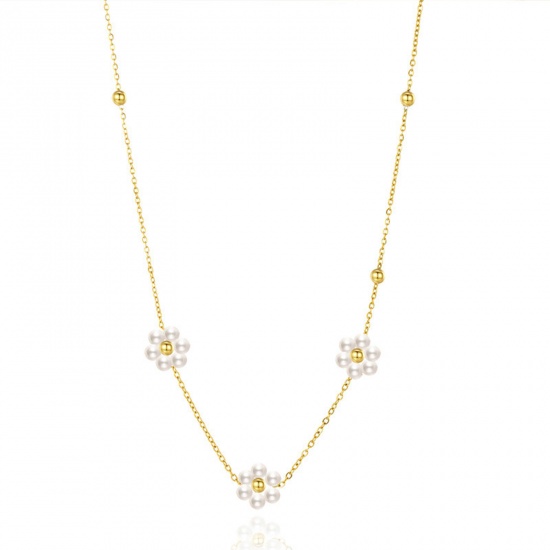 Picture of Eco-friendly 304 Stainless Steel Ins Style Link Chain Necklace 18K Real Gold Plated Flower Imitation Pearl 39cm(15 3/8") long, 1 Piece