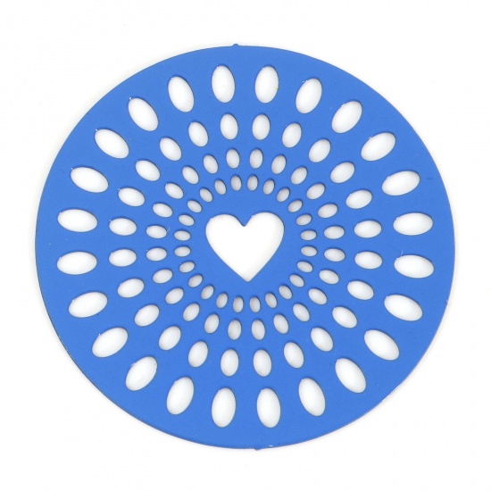 Picture of Iron Based Alloy Filigree Stamping Connectors Round Royal Blue Heart Painted 29mm Dia., 10 PCs