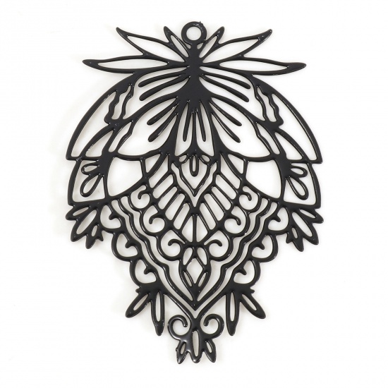 Picture of Iron Based Alloy Filigree Stamping Pendants Black Leaf Painted 3.8cm x 2.8cm, 10 PCs
