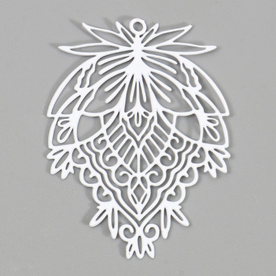 Picture of Iron Based Alloy Filigree Stamping Pendants White Leaf Painted 3.8cm x 2.8cm, 10 PCs