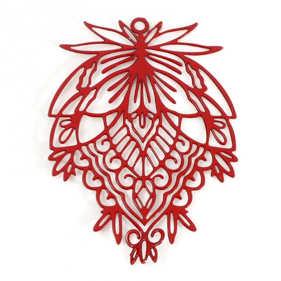 Picture of Iron Based Alloy Filigree Stamping Pendants Red Leaf Painted 3.8cm x 2.8cm, 10 PCs
