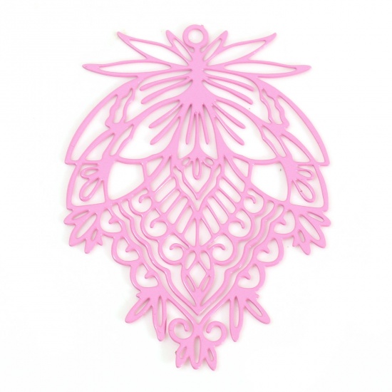 Picture of Iron Based Alloy Filigree Stamping Pendants Pink Leaf Painted 3.8cm x 2.8cm, 10 PCs