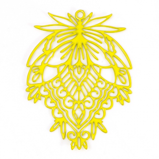 Picture of Iron Based Alloy Filigree Stamping Pendants Yellow Leaf Painted 3.8cm x 2.8cm, 10 PCs