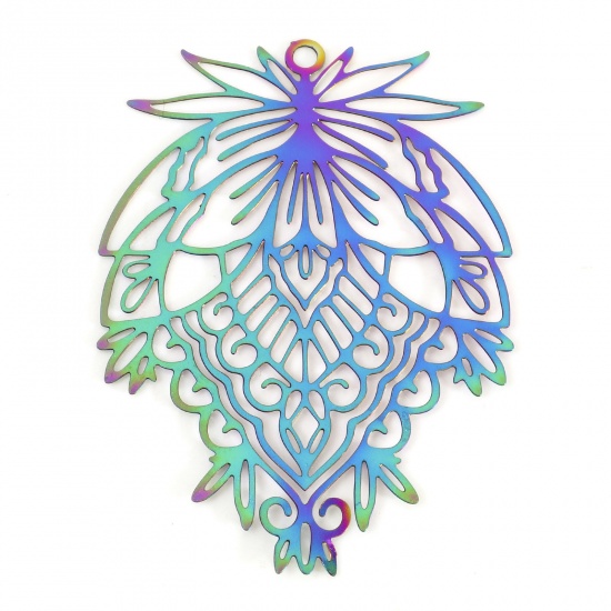 Picture of Iron Based Alloy Filigree Stamping Pendants Rainbow Color Plated Leaf 3.8cm x 2.8cm, 10 PCs
