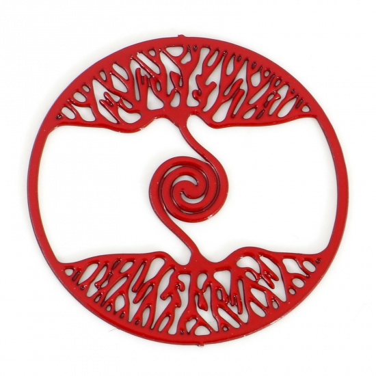 Immagine di Lega di Ferro Filigree Stamping Connettore Accessori Tondo Rosso Spirale Disegno Pittura 20mm Dia, 10 Pz