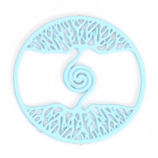 Immagine di Lega di Ferro Filigree Stamping Connettore Accessori Tondo Blu Chiaro Spirale Disegno Pittura 20mm Dia, 10 Pz