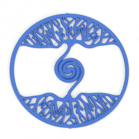 Immagine di Lega di Ferro Filigree Stamping Connettore Accessori Tondo Blu Marino Spirale Disegno Pittura 20mm Dia, 10 Pz