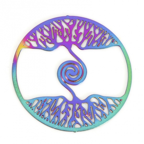 Immagine di Lega di Ferro Filigree Stamping Connettore Accessori Tondo Colore Arcobaleno Placcato Spirale Disegno 20mm Dia, 10 Pz