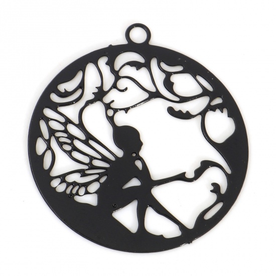 Picture of Iron Based Alloy Fairy Tale Collection Filigree Stamping Charms Black Round Fairy Painted 22mm x 20mm, 10 PCs