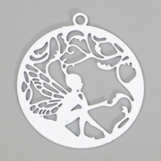 Picture of Iron Based Alloy Fairy Tale Collection Filigree Stamping Charms White Round Fairy Painted 22mm x 20mm, 10 PCs