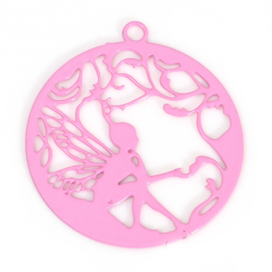 Picture of Iron Based Alloy Fairy Tale Collection Filigree Stamping Charms Pink Round Fairy Painted 22mm x 20mm, 10 PCs