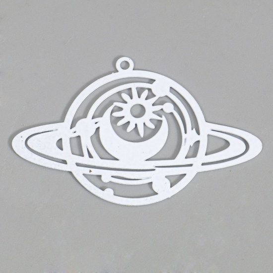 Picture of Iron Based Alloy Galaxy Filigree Stamping Pendants White Planet Sun & Moon Painted 4.2cm x 2.6cm, 10 PCs
