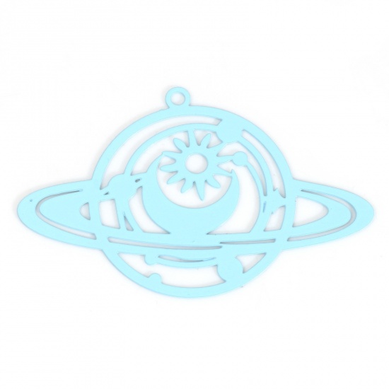 Picture of Iron Based Alloy Galaxy Filigree Stamping Pendants Light Blue Planet Sun & Moon Painted 4.2cm x 2.6cm, 10 PCs