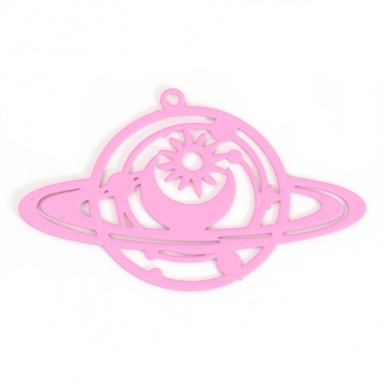 Picture of Iron Based Alloy Galaxy Filigree Stamping Pendants Pink Planet Sun & Moon Painted 4.2cm x 2.6cm, 10 PCs