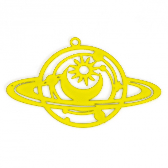 Picture of Iron Based Alloy Galaxy Filigree Stamping Pendants Yellow Planet Sun & Moon Painted 4.2cm x 2.6cm, 10 PCs