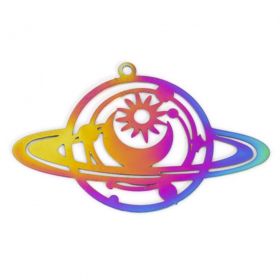 Picture of Iron Based Alloy Galaxy Filigree Stamping Pendants Rainbow Color Plated Planet Sun & Moon 4.2cm x 2.6cm, 10 PCs