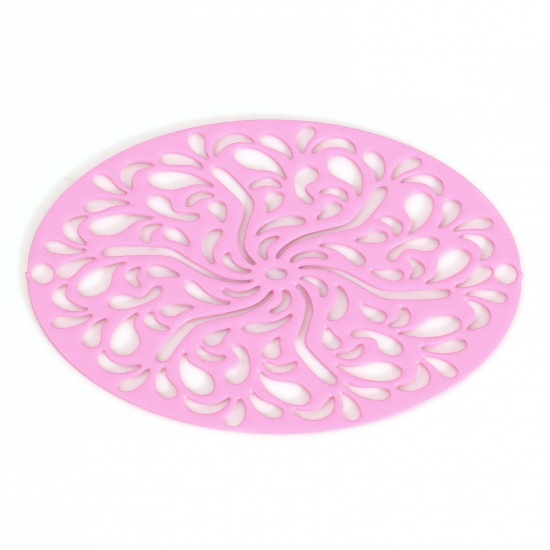 Picture of Iron Based Alloy Filigree Stamping Connectors Oval Pink Painted 3.1cm x 2.1cm, 10 PCs