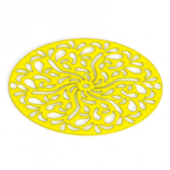 Изображение Железный Сплав(Без Кадмия) Филигранные цветок железа Коннекторы фурнитуры Овальные Желтый С Краской 3.1см x 2.1см, 10 ШТ