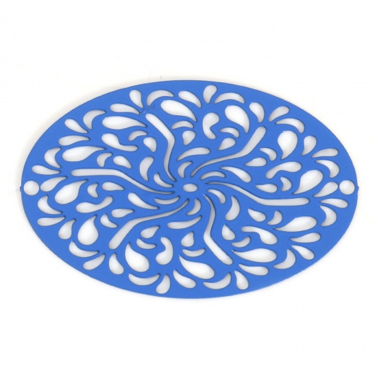 Изображение Железный Сплав(Без Кадмия) Филигранные цветок железа Коннекторы фурнитуры Овальные Темно-синий С Краской 3.1см x 2.1см, 10 ШТ