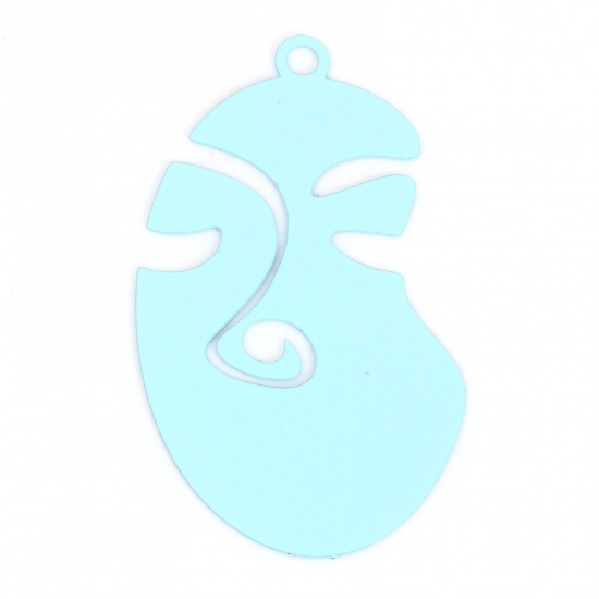 Picture of Iron Based Alloy Filigree Stamping Pendants Light Blue Face Painted 3.6cm x 2.1cm, 10 PCs