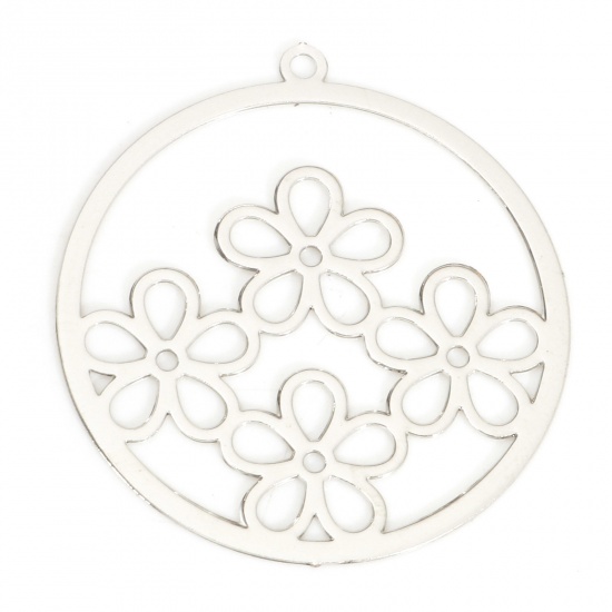 Picture of Iron Based Alloy Filigree Stamping Charms Silver Tone Round Flower 27mm x 25mm, 10 PCs