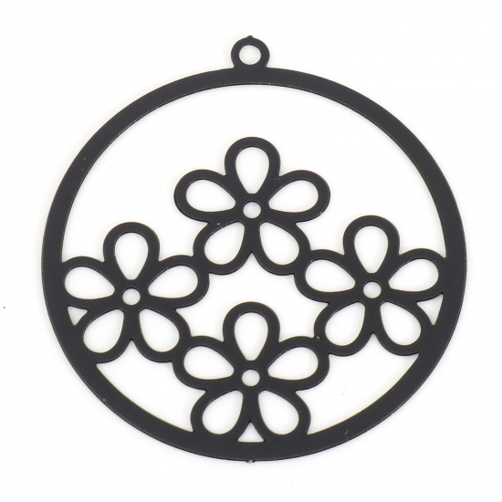 Picture of Iron Based Alloy Filigree Stamping Charms Black Round Flower Painted 27mm x 25mm, 10 PCs