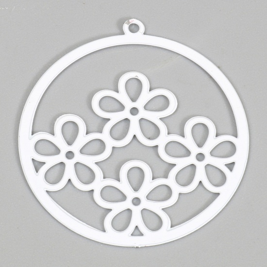 Picture of Iron Based Alloy Filigree Stamping Charms White Round Flower Painted 27mm x 25mm, 10 PCs