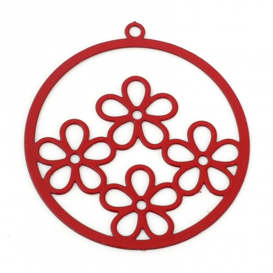 Picture of Iron Based Alloy Filigree Stamping Charms Red Round Flower Painted 27mm x 25mm, 10 PCs