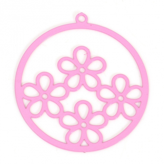 Picture of Iron Based Alloy Filigree Stamping Charms Pink Round Flower Painted 27mm x 25mm, 10 PCs