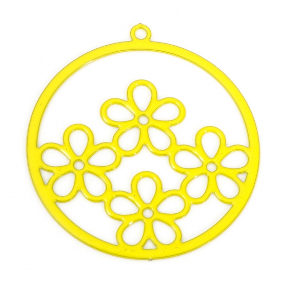 Picture of Iron Based Alloy Filigree Stamping Charms Yellow Round Flower Painted 27mm x 25mm, 10 PCs
