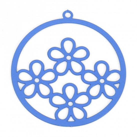 Picture of Iron Based Alloy Filigree Stamping Charms Royal Blue Round Flower Painted 27mm x 25mm, 10 PCs