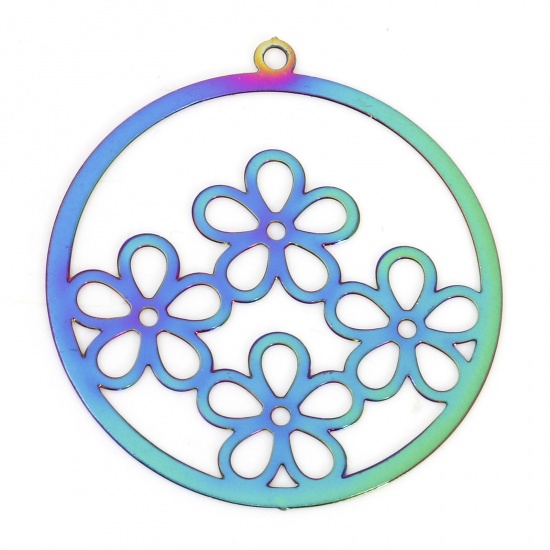 Picture of Iron Based Alloy Filigree Stamping Charms Rainbow Color Plated Round Flower 27mm x 25mm, 10 PCs