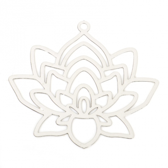 Picture of Iron Based Alloy Religious Filigree Stamping Pendants Silver Tone Lotus Flower 3.4cm x 3.1cm, 10 PCs