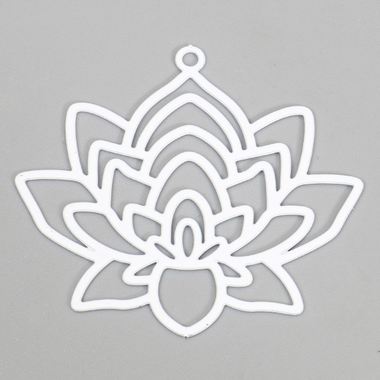Picture of Iron Based Alloy Religious Filigree Stamping Pendants White Lotus Flower Painted 3.4cm x 3.1cm, 10 PCs