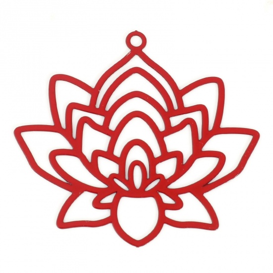 Picture of Iron Based Alloy Religious Filigree Stamping Pendants Red Lotus Flower Painted 3.4cm x 3.1cm, 10 PCs