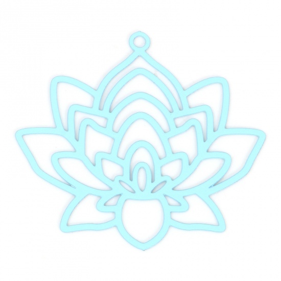 Picture of Iron Based Alloy Religious Filigree Stamping Pendants Light Blue Lotus Flower Painted 3.4cm x 3.1cm, 10 PCs
