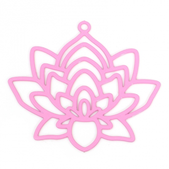Picture of Iron Based Alloy Religious Filigree Stamping Pendants Pink Lotus Flower Painted 3.4cm x 3.1cm, 10 PCs