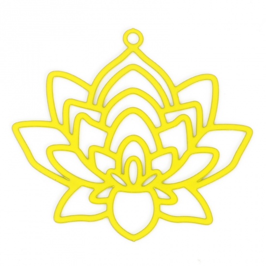 Picture of Iron Based Alloy Religious Filigree Stamping Pendants Yellow Lotus Flower Painted 3.4cm x 3.1cm, 10 PCs