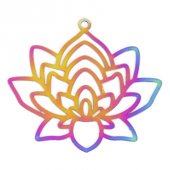 Picture of Iron Based Alloy Religious Filigree Stamping Pendants Rainbow Color Plated Lotus Flower 3.4cm x 3.1cm, 10 PCs