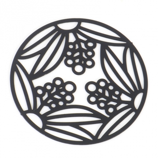 Изображение Железный Сплав(Без Кадмия) Филигранные цветок железа Коннекторы фурнитуры Круглые Черный Лист С узором С Краской (для 28мм диаметр, 10 ШТ